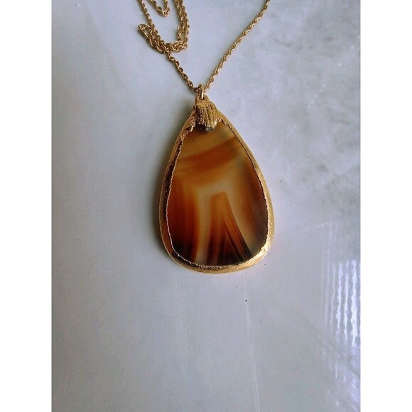 VTG Natural Banded Agate Slice Necklace 14k Gold Filled Stone Pendant Raw Quartz - Picture 7 of 8